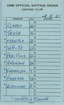 1968 Official Batting Order (Lineup Card) From Mickey Mantles Last Career Multi-RBI Game